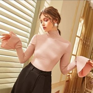 High Neck Ruffle Sleeve Ribbed Knit T-Shirt